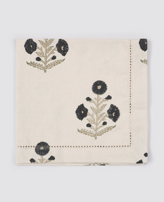 Organic Cotton Napkin - Poppy block print in inky blue