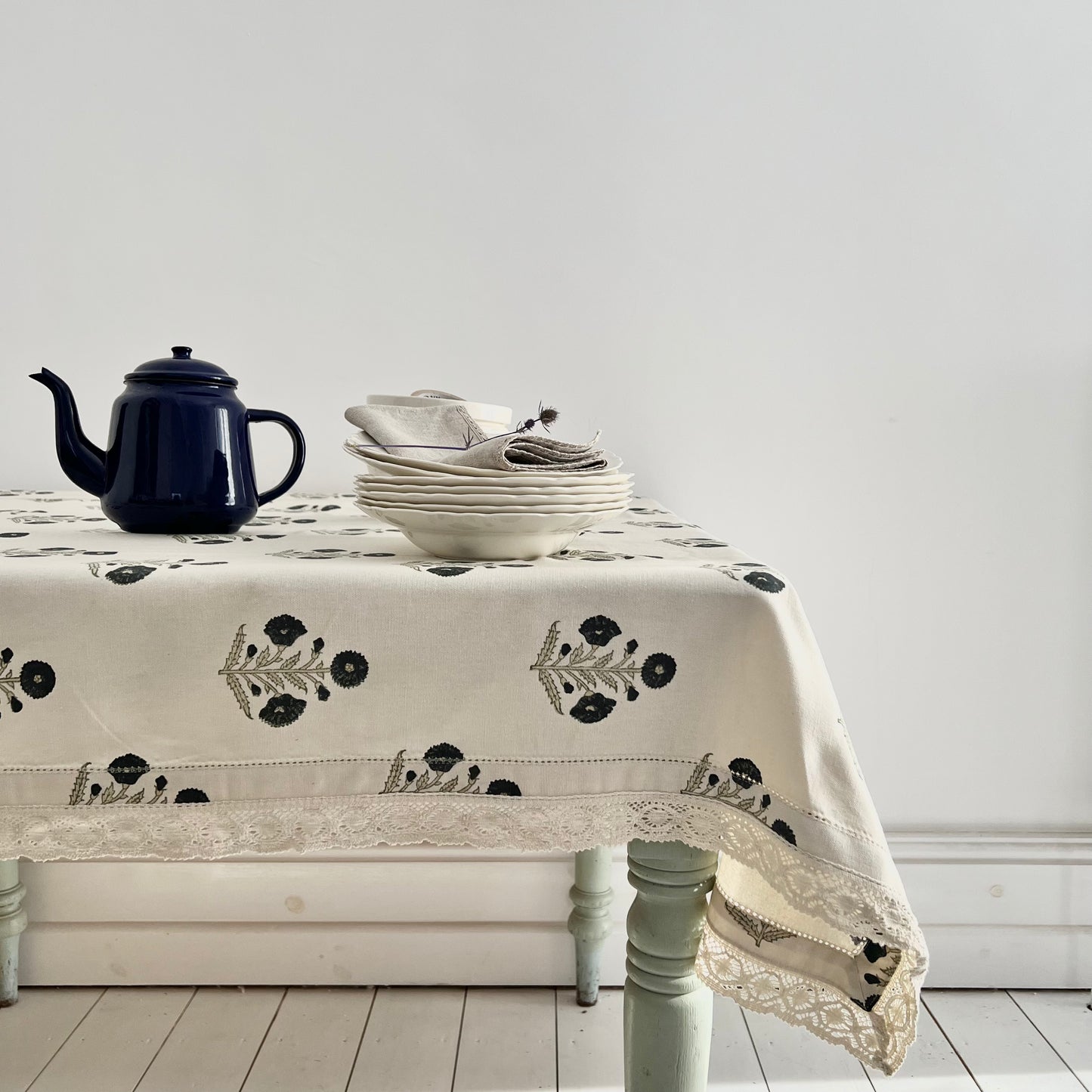 Organic Cotton Tablecloth - Poppy block print in inky blue