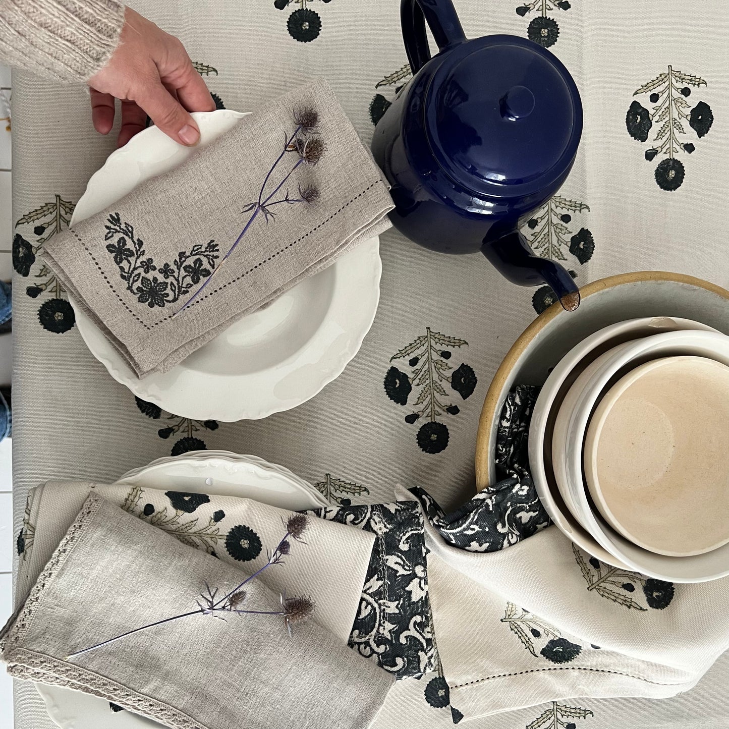 Organic Cotton Tablecloth - Poppy block print in inky blue