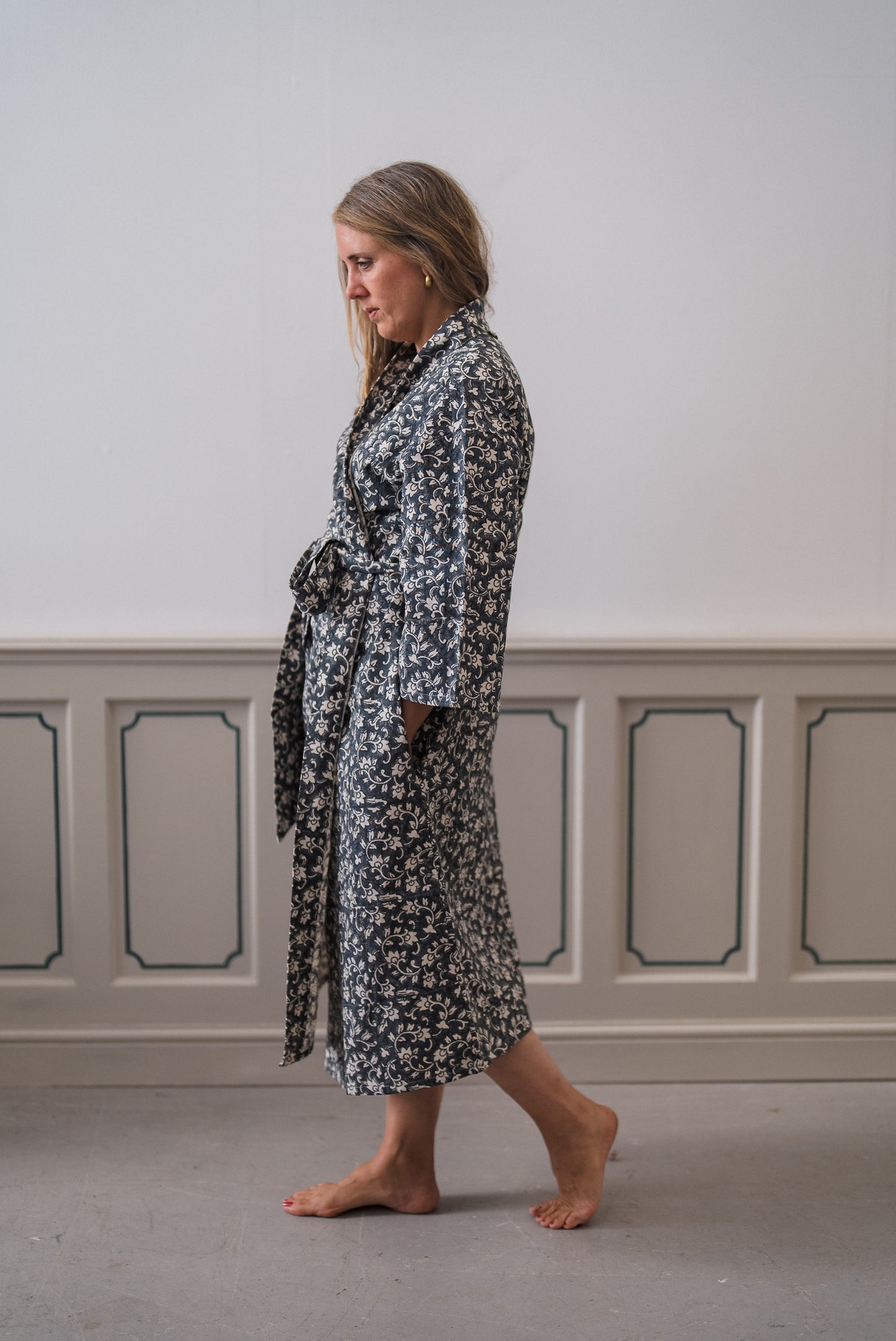 Organic Cotton Dressing Gown - Delilah Block Print in Ink