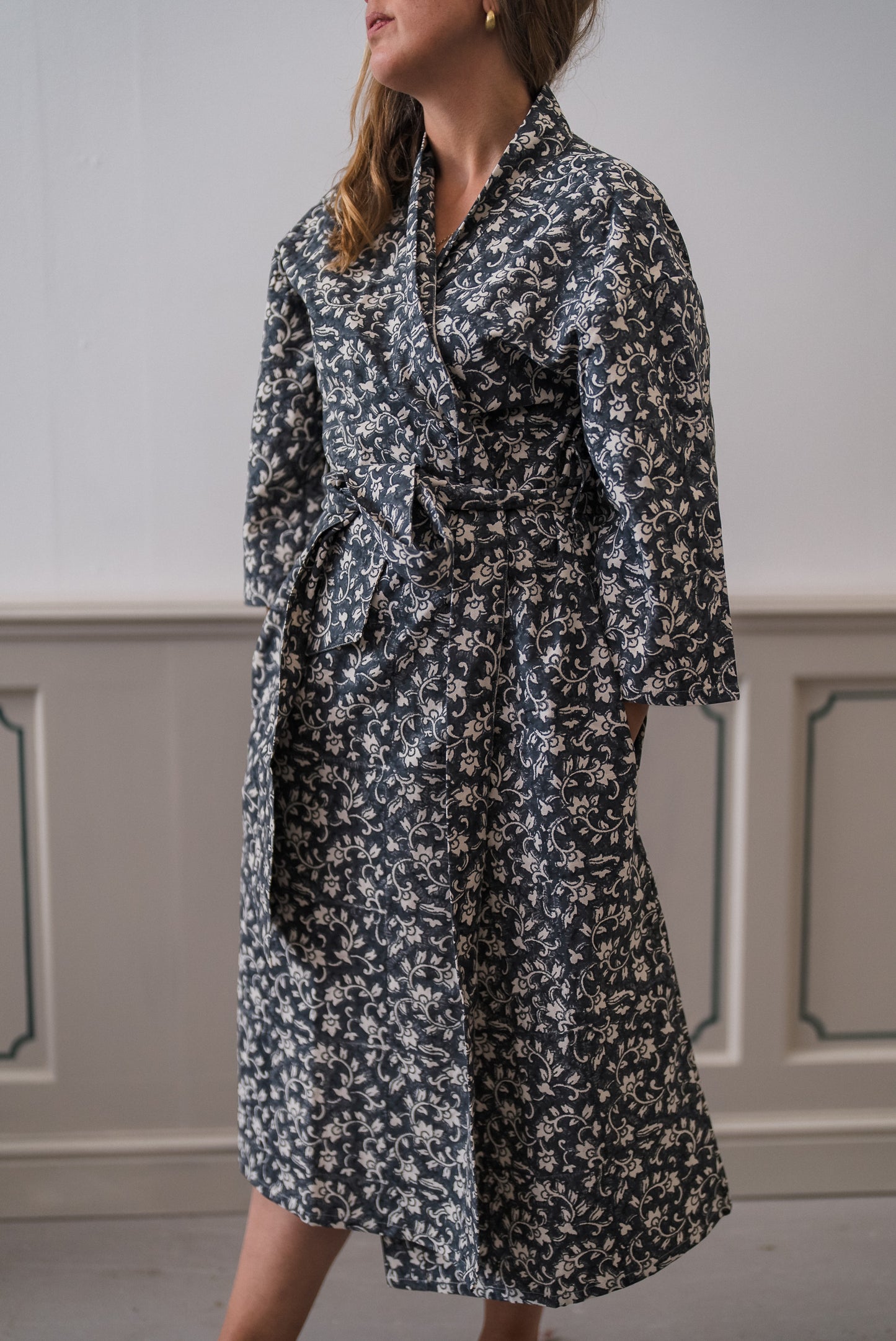 Organic Cotton Dressing Gown - Delilah Block Print in Ink