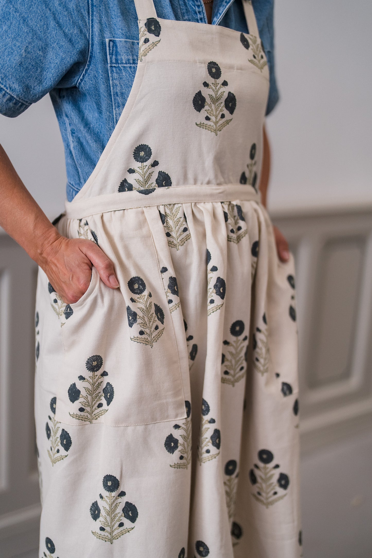 Organic Cotton Apron - Poppy block print in inky blue