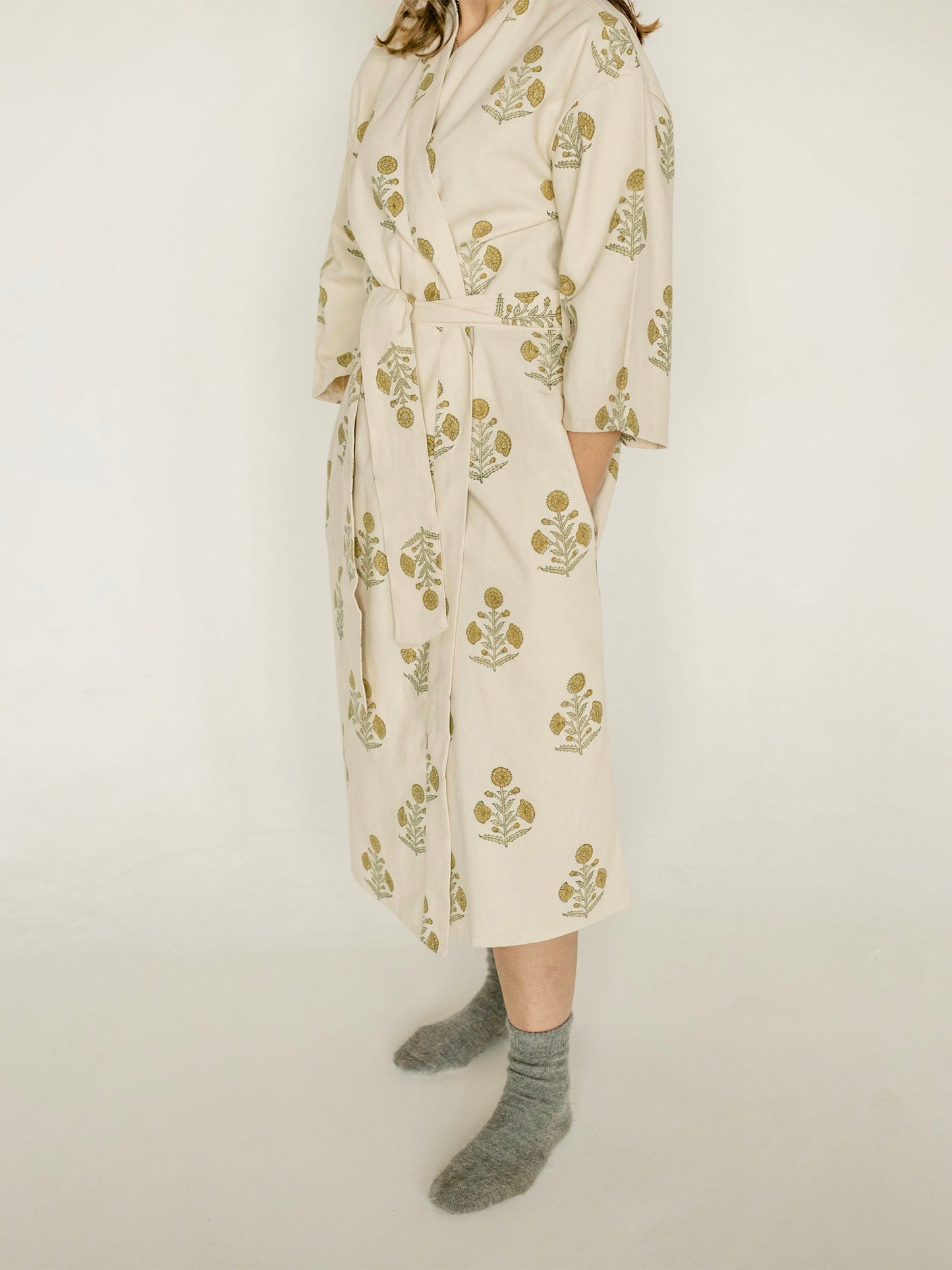 Organic Cotton Dressing Gown - Poppy Block Print in Flaxen