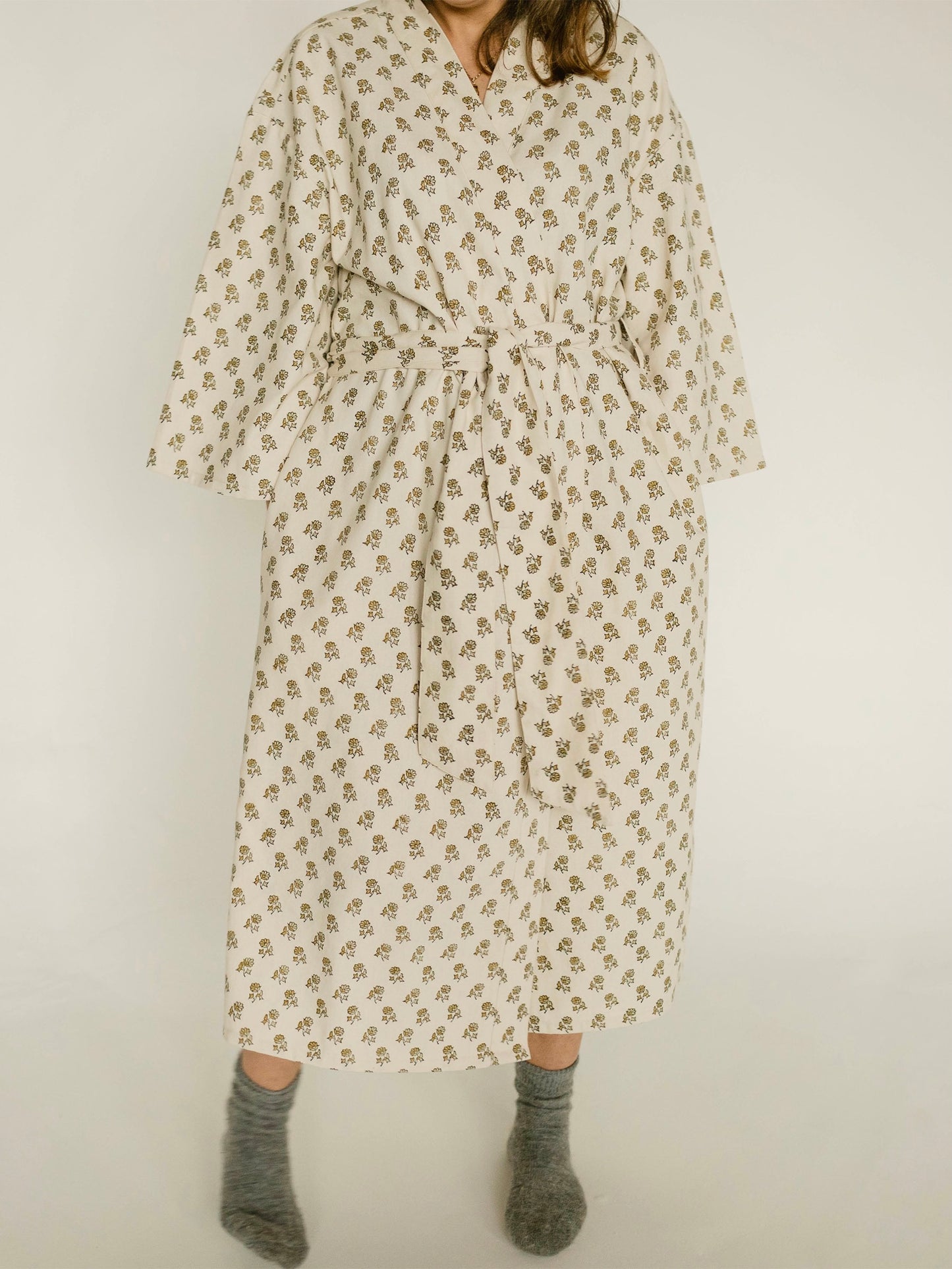 Organic Cotton Dressing Gown - Daisy Block Print in Flaxen