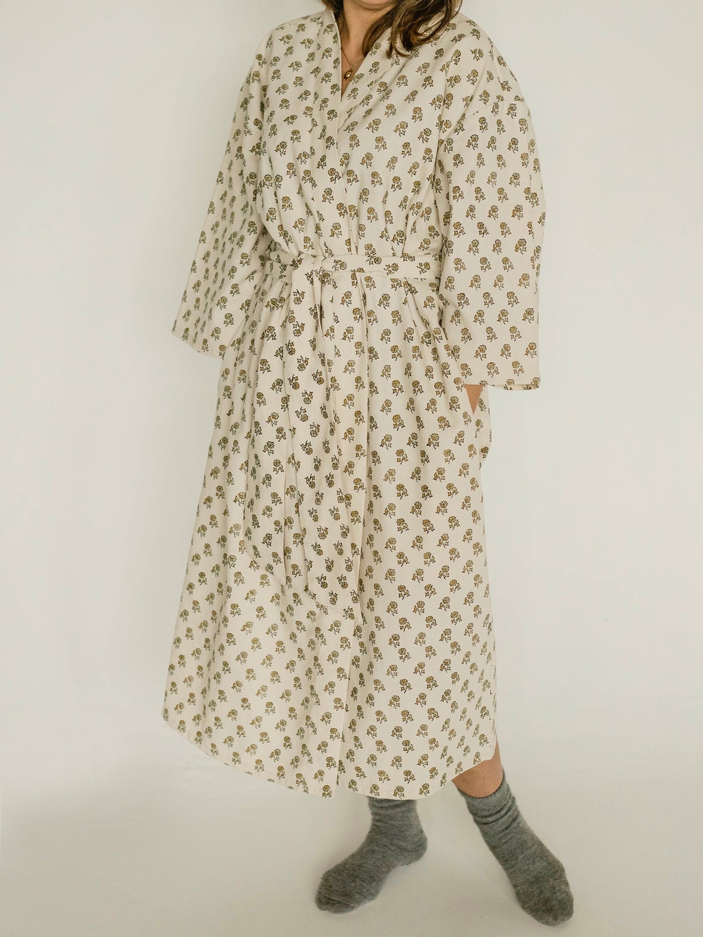 Organic Cotton Dressing Gown - Daisy Block Print in Flaxen