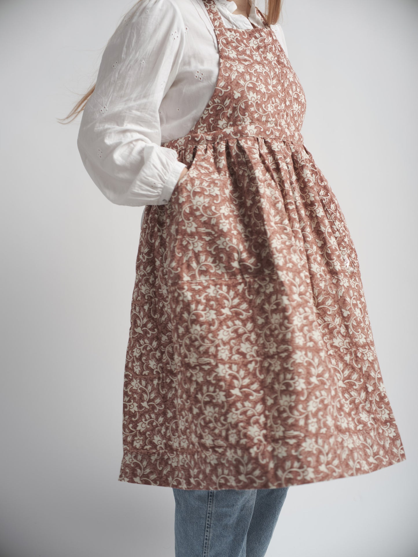 Organic Cotton Apron - Delilah block print in cedar