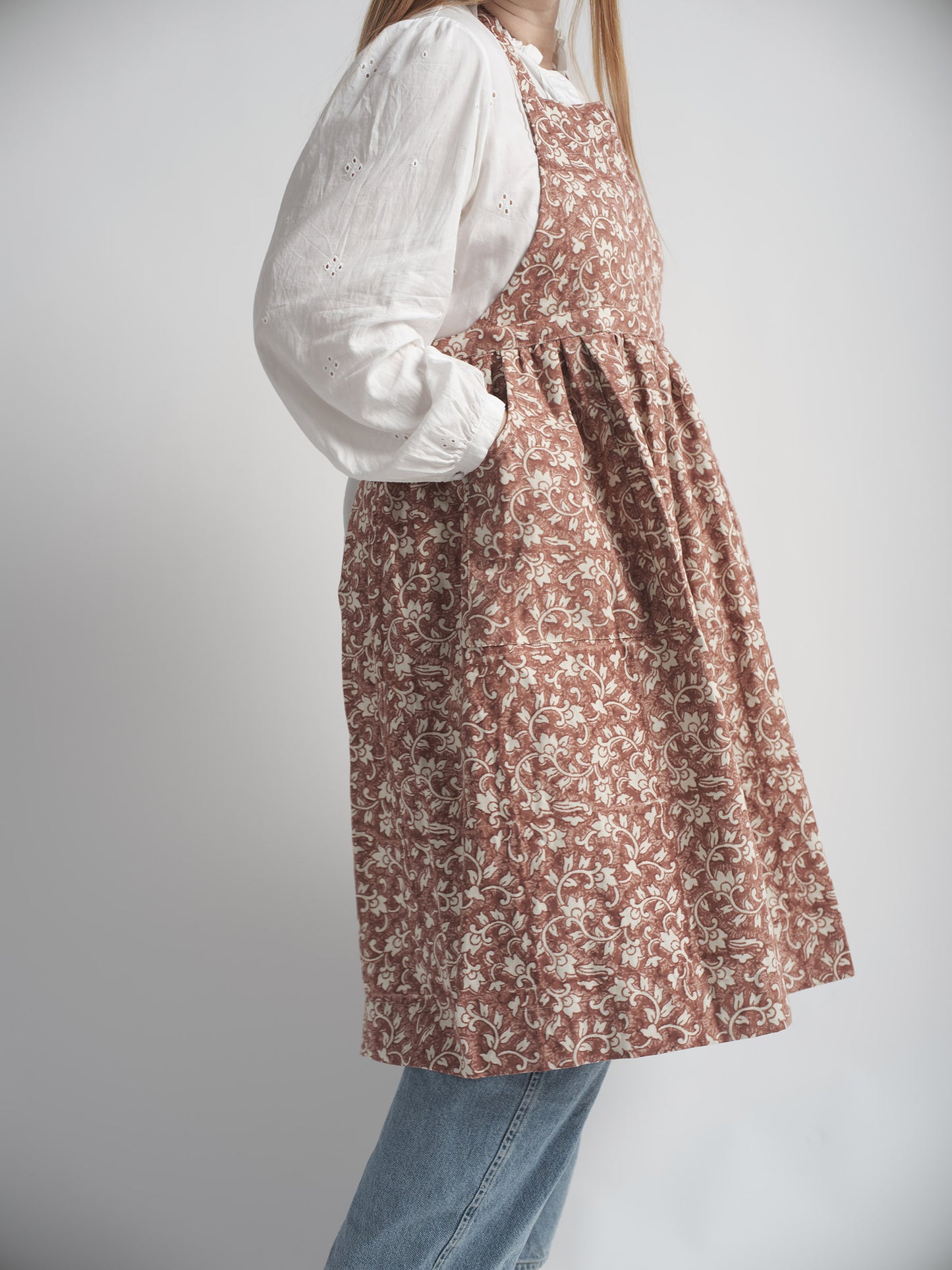 Organic Cotton Apron - Delilah block print in cedar