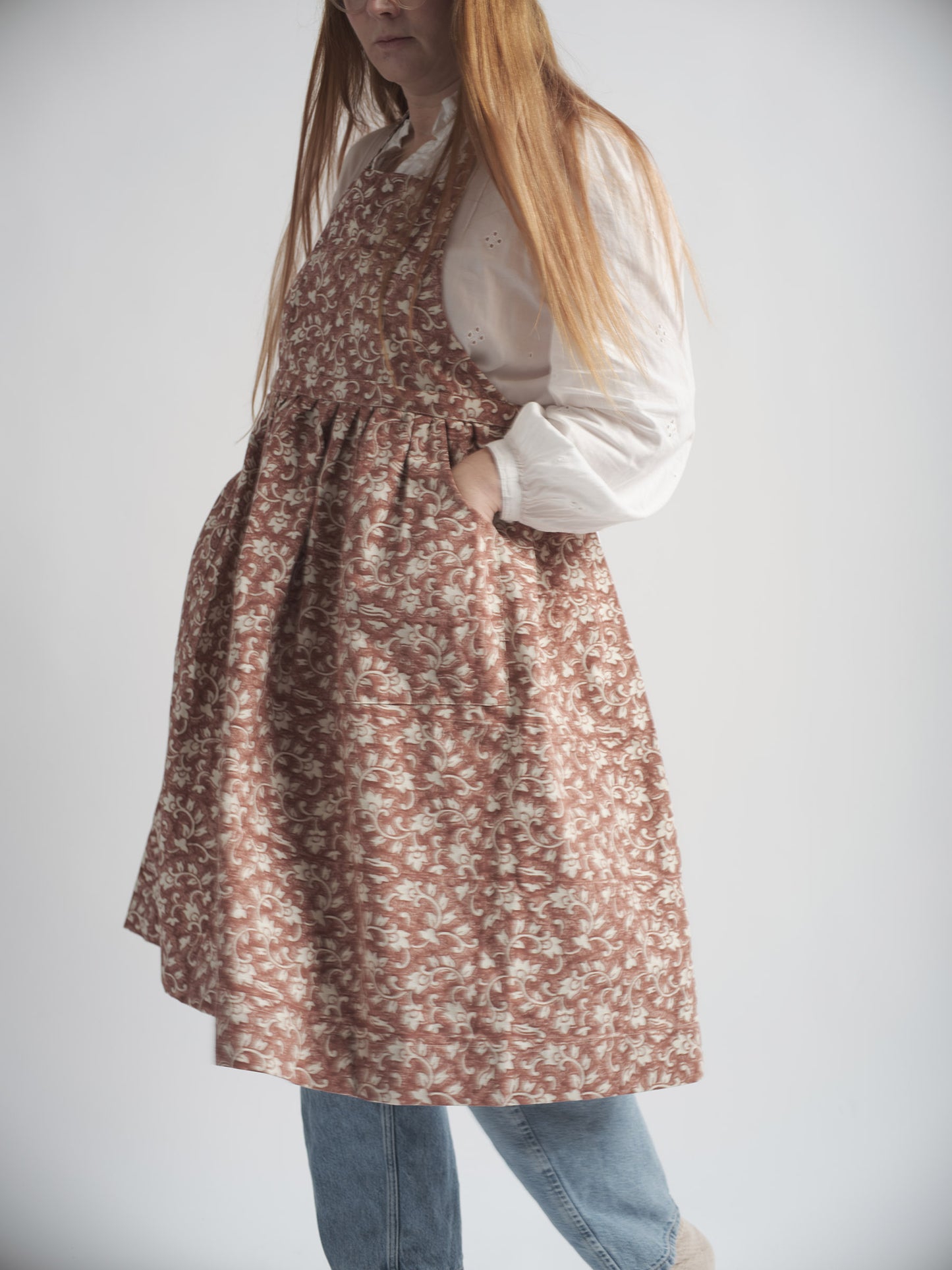 Organic Cotton Apron - Delilah block print in cedar