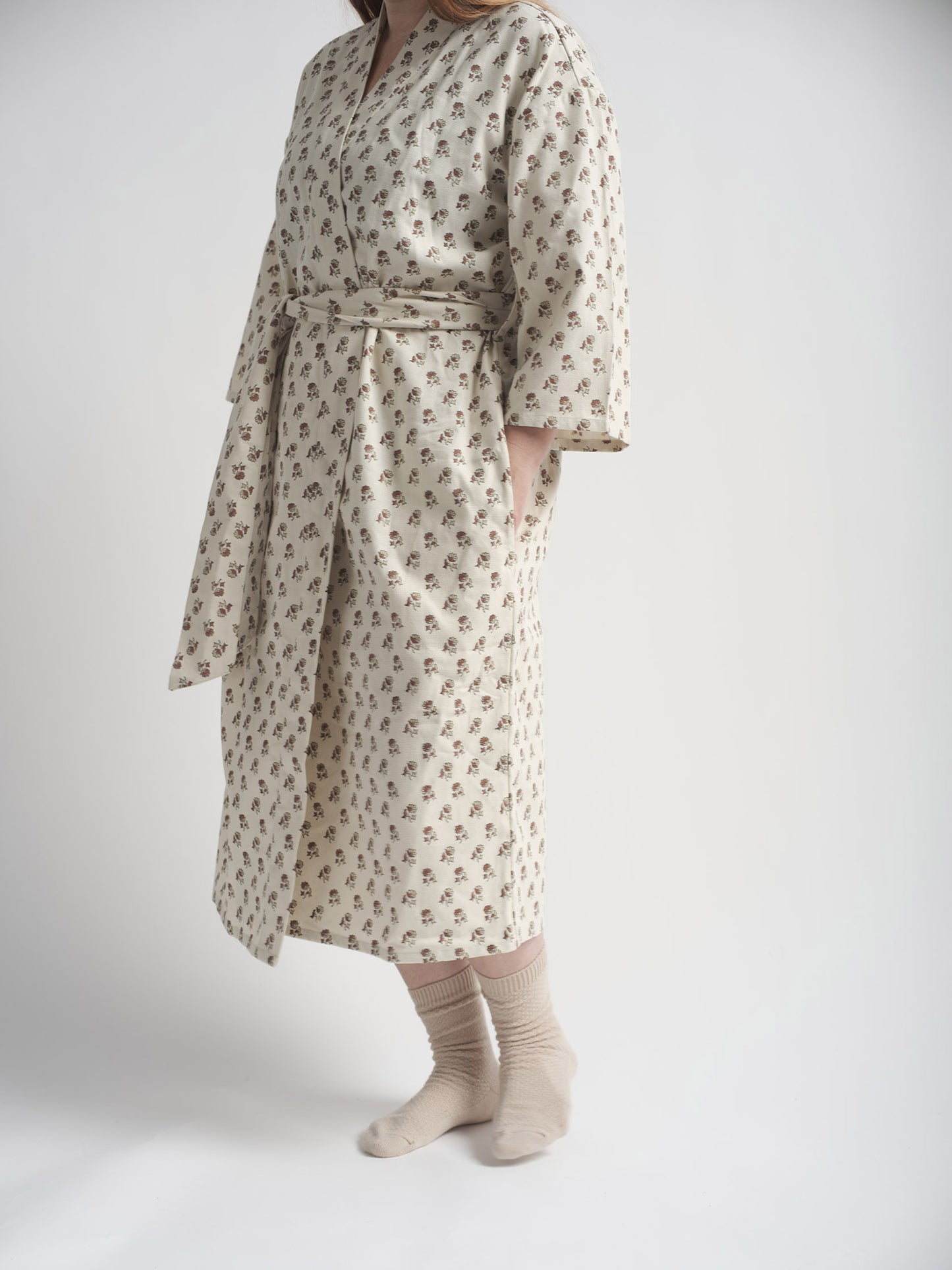 Organic Cotton Dressing Gown - Daisy Block Print in Cedar
