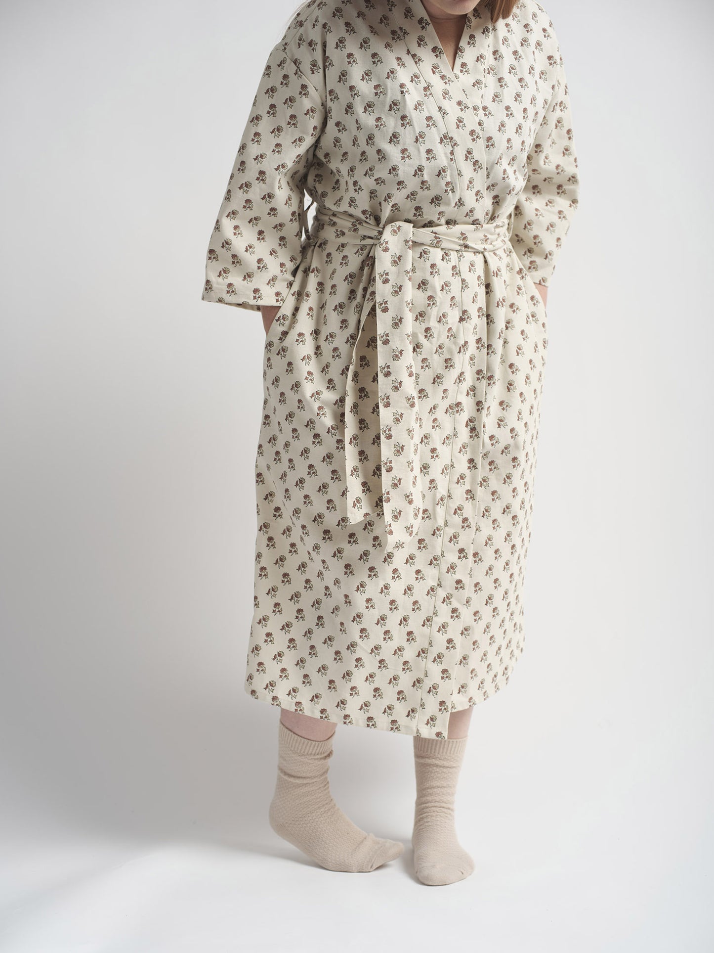 Organic Cotton Dressing Gown - Daisy Block Print in Cedar