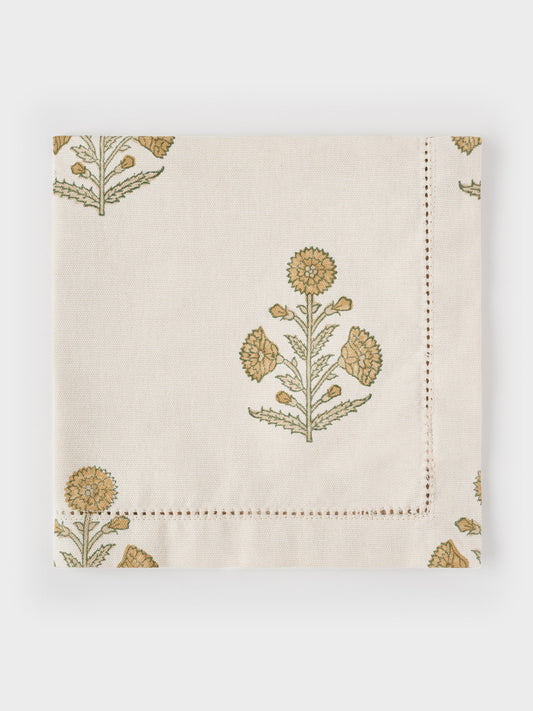 Organic Cotton Napkin - Poppy block print in flaxen