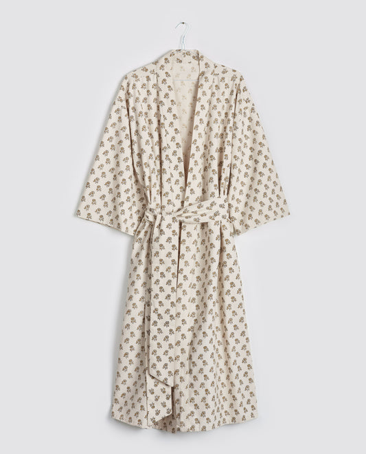 Organic Cotton Dressing Gown - Daisy Block Print in Flaxen