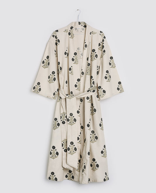 Organic Cotton Dressing Gown - Poppy Block Print in Ink