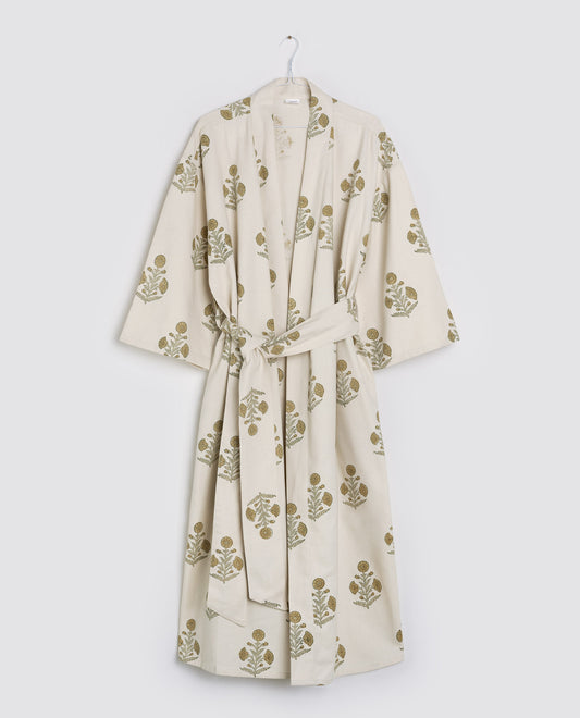 Organic Cotton Dressing Gown - Poppy Block Print in Flaxen