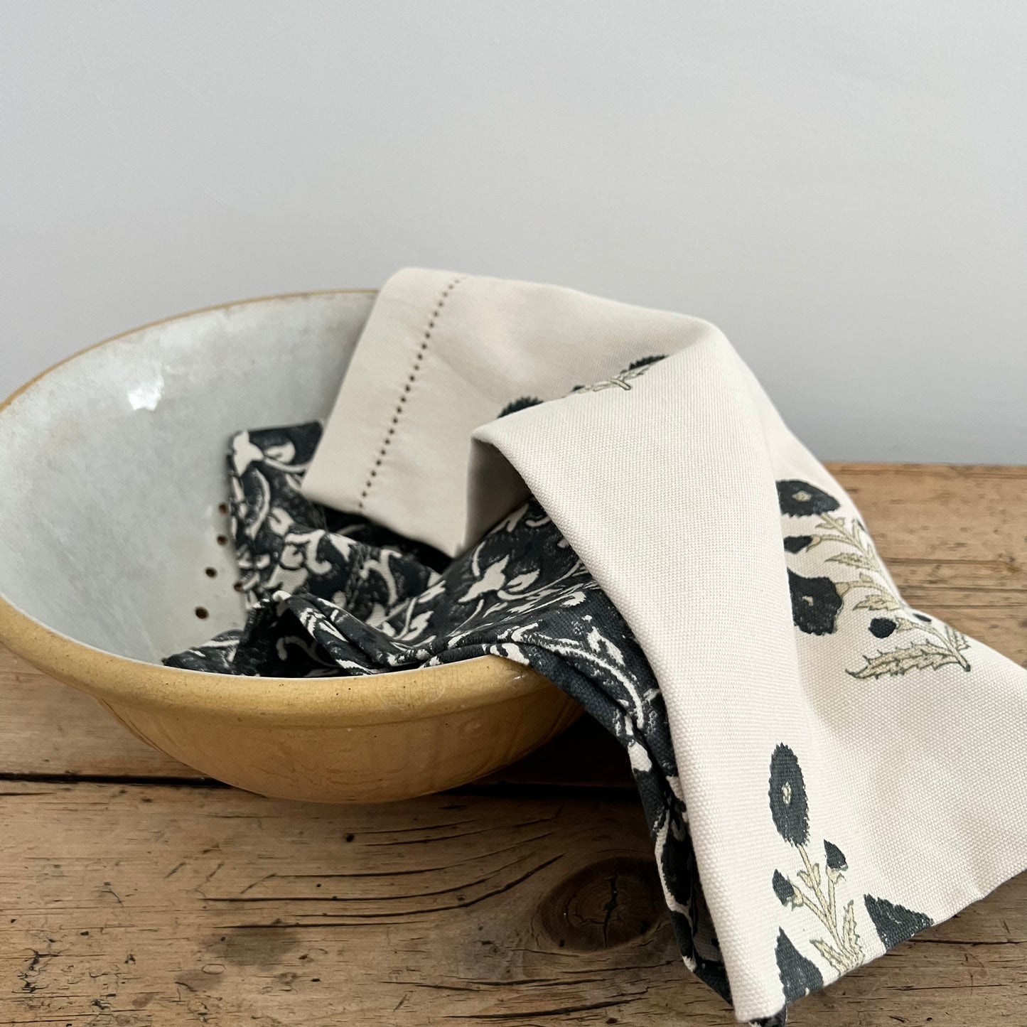Organic Cotton Tea Towel - Delilah block print in inky blue