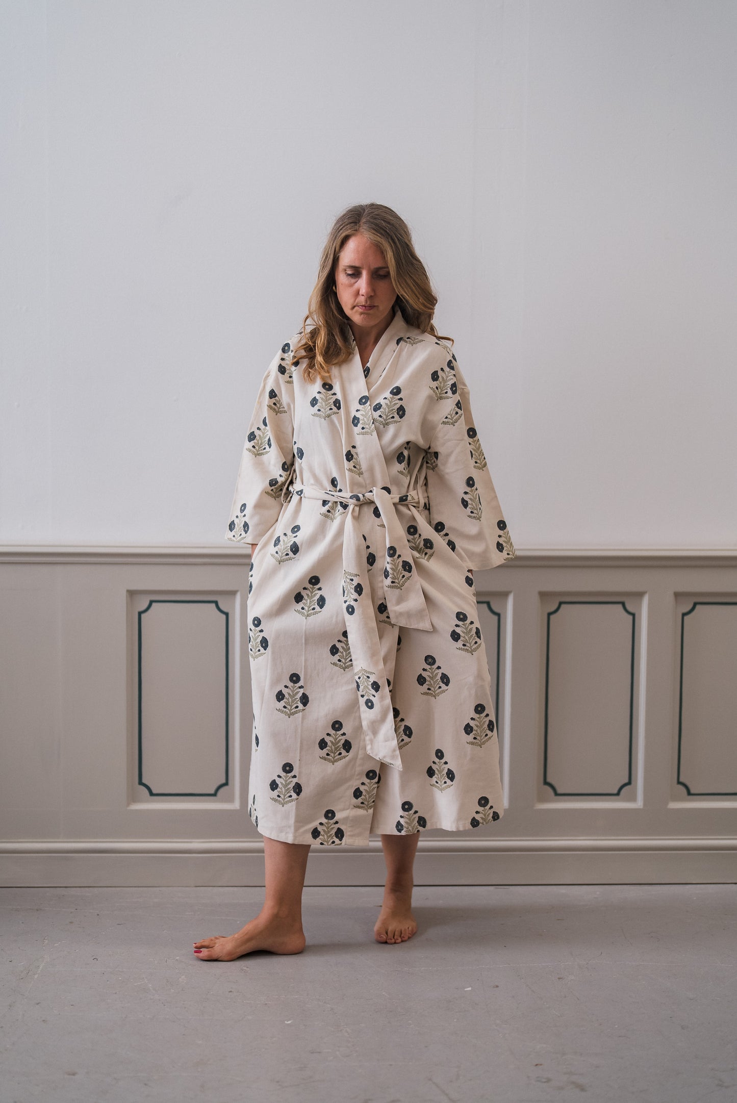 Organic Cotton Dressing Gown - Poppy Block Print in Ink