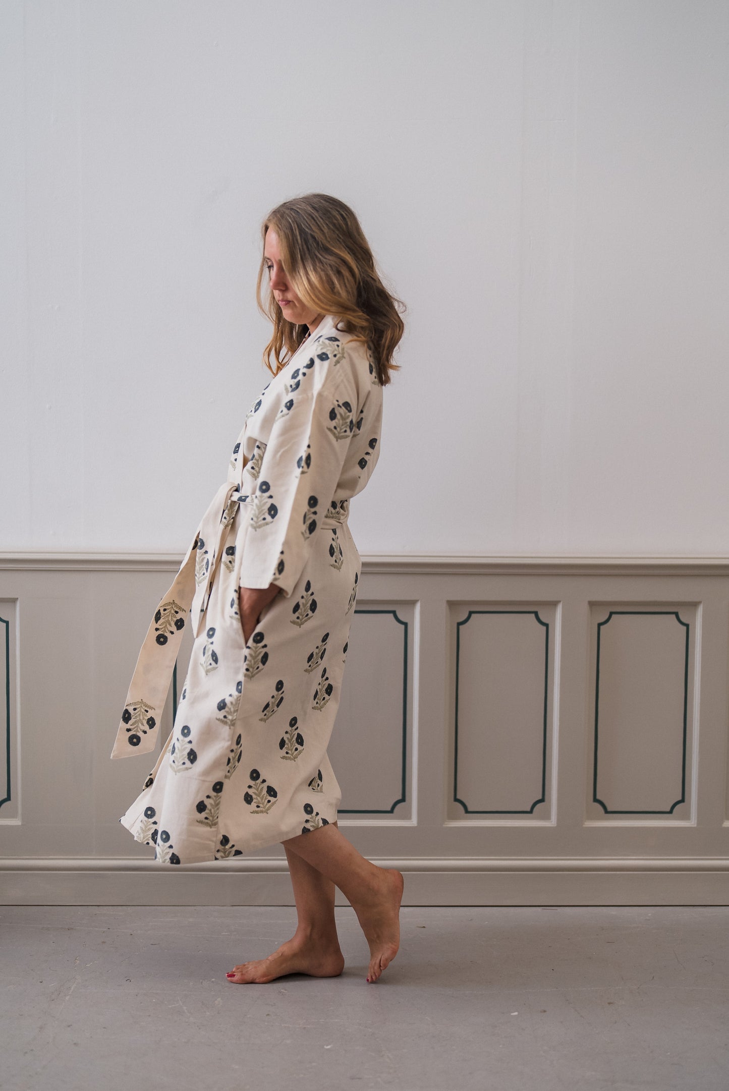 Organic Cotton Dressing Gown - Poppy Block Print in Ink