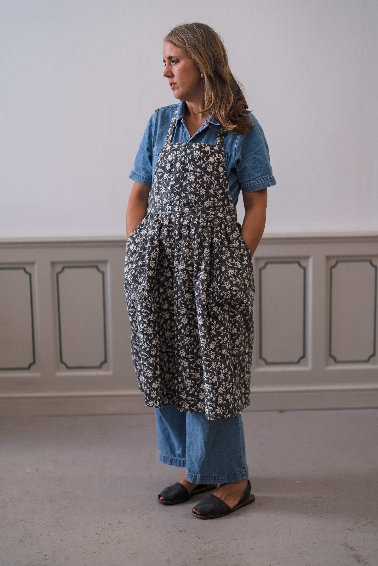 Organic Cotton Apron - Delilah block print in inky blue