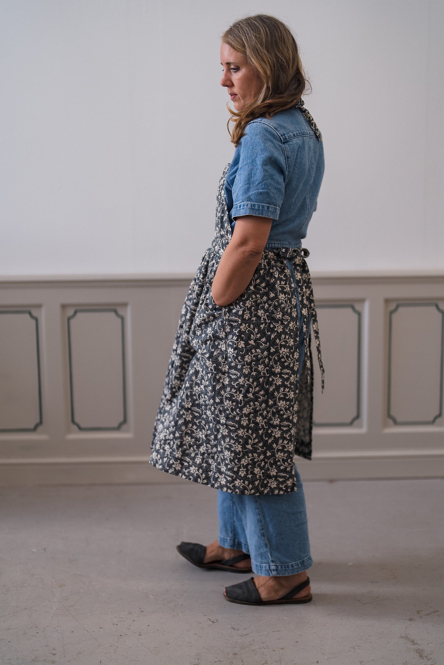 Organic Cotton Apron - Delilah block print in inky blue