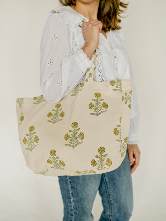 Organic Cotton Reversible Shopper - Block Print in Flaxen