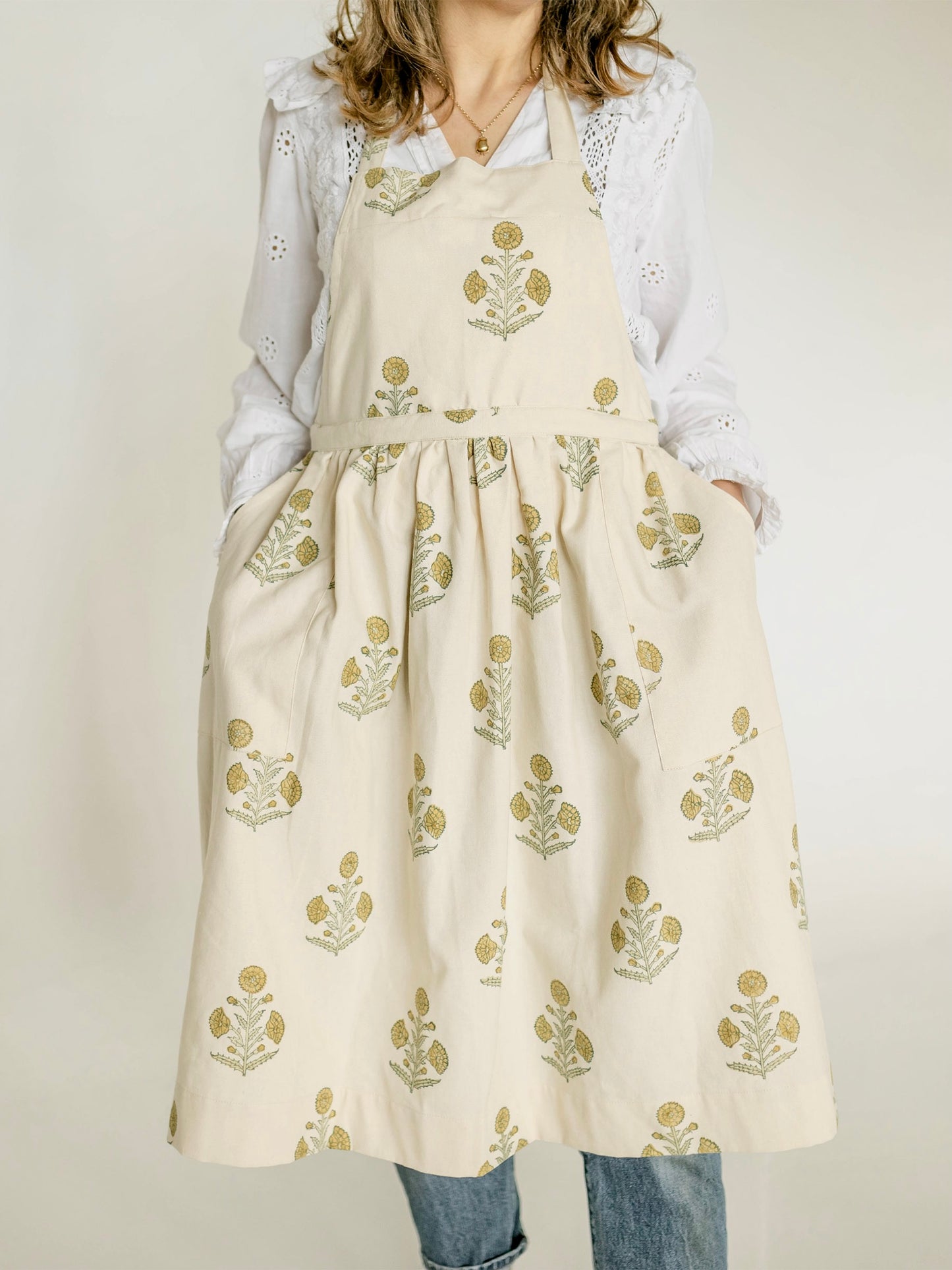 Organic Cotton Apron - Poppy block print in flaxen