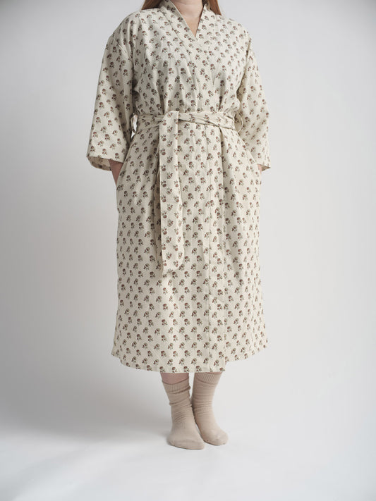 Organic Cotton Dressing Gown - Daisy Block Print in Cedar