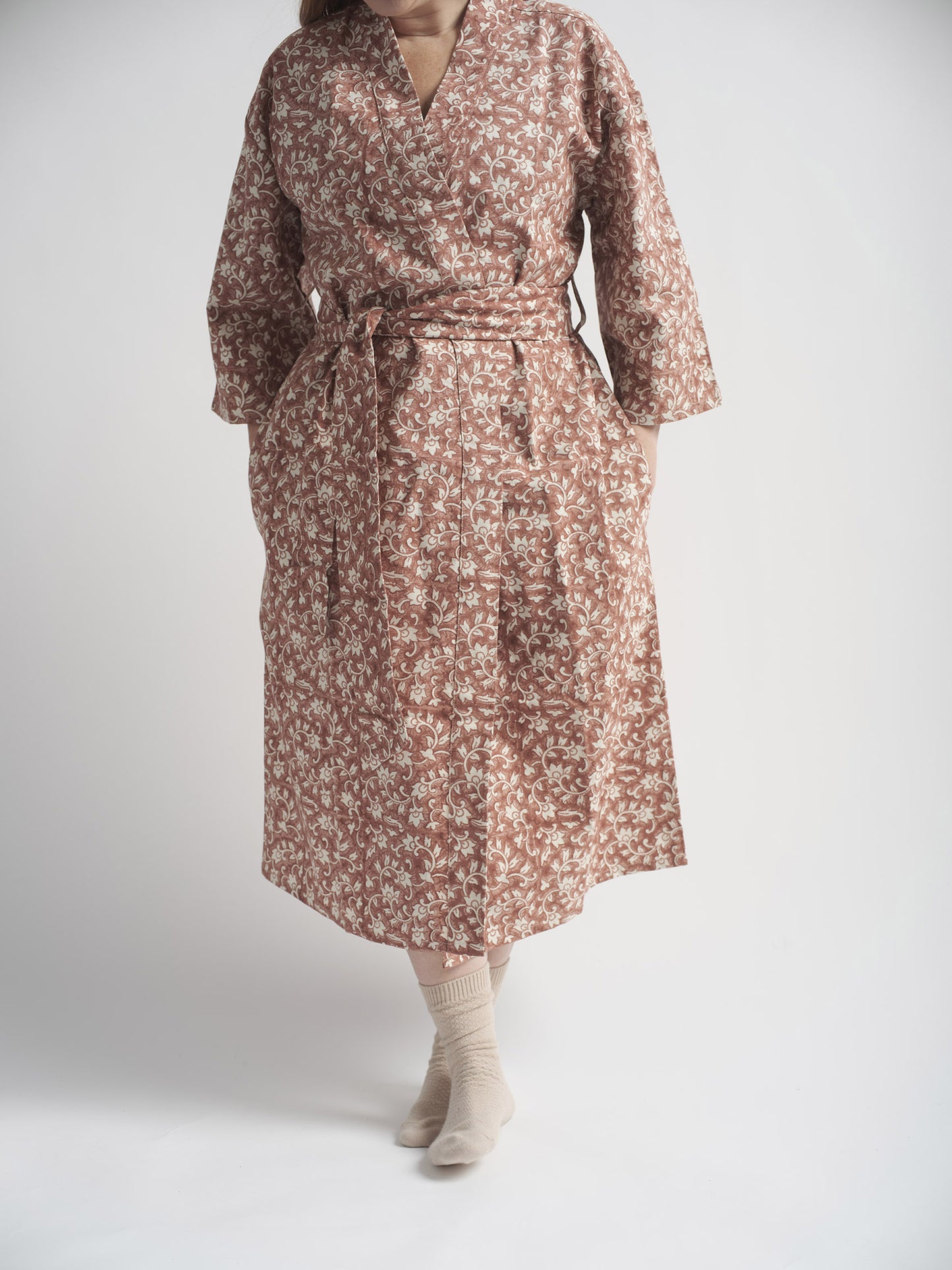 Organic Cotton Dressing Gown - Delilah Block Print in Cedar