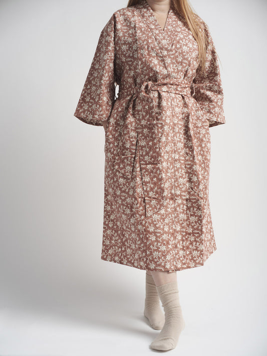 Organic Cotton Dressing Gown - Delilah Block Print in Cedar