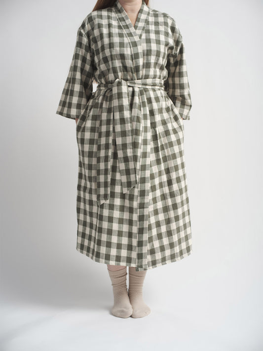 Organic Cotton Dressing Gown - Gingham in Pine