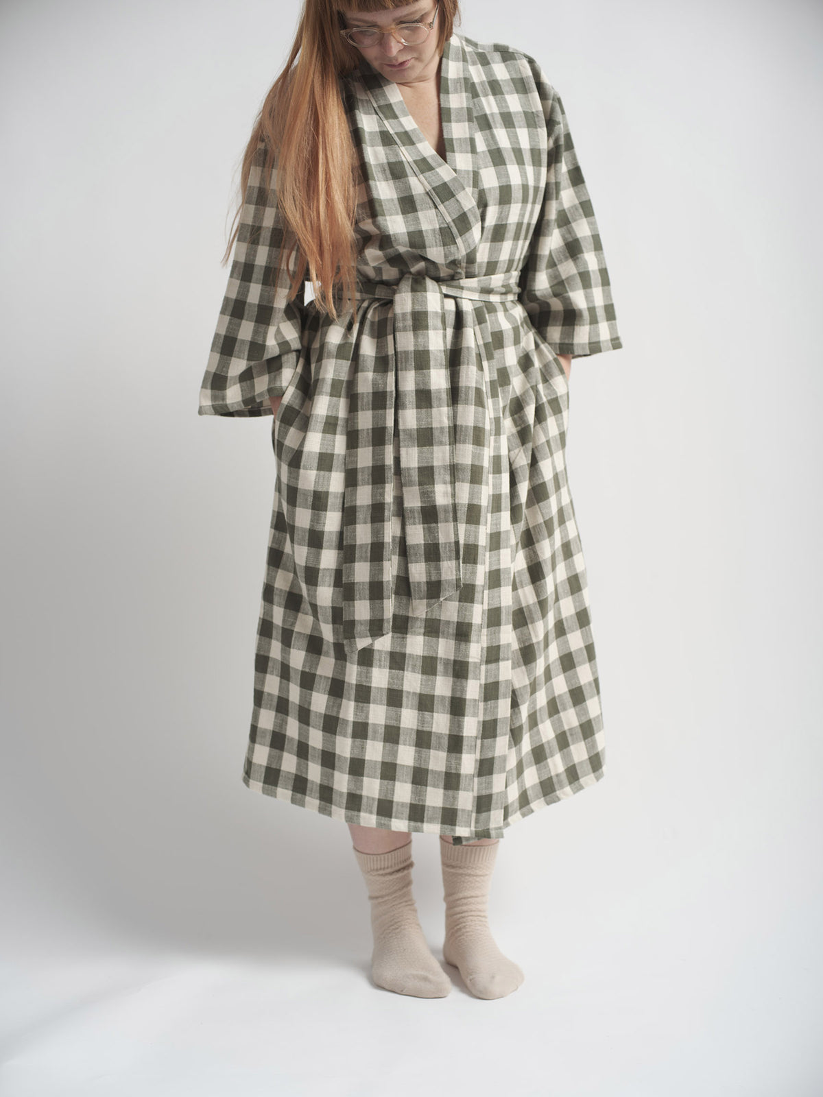 Gingham Robe Organic Cotton Dressing Gown - Gingham in Pine – pathhomeware