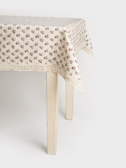 Organic Cotton Tablecloth - Daisy block print in cedar