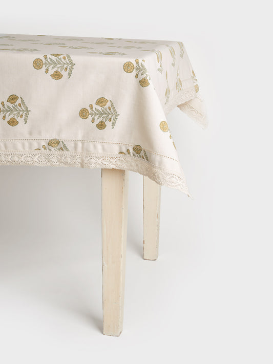 Organic Cotton Tablecloth - Poppy block print in Flaxen