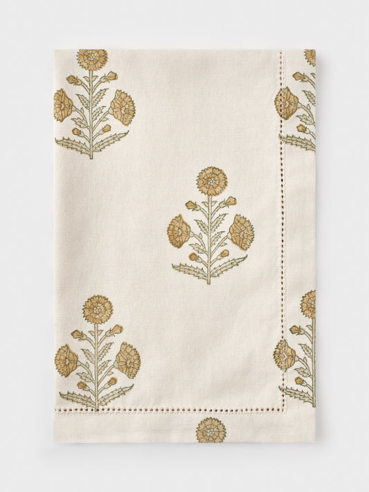 Organic Cotton Tea Towel - Poppy block print in flaxen